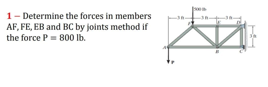 |500 lb
1- Determine the forces in members
AF, FE, EB and BC by joints method if
-3 ft
-3 ft-
E
DI
-3 ft
3'ft
the force P = 800 lb.
B
