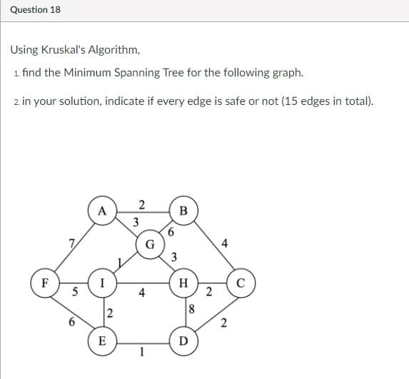 Question 18
Using Kruskal's Algorithm,
1. find the Minimum Spanning Tree for the following graph.
2. in your solution, indicate if every edge is safe or not (15 edges in total).
A
B
3
9.
G
3
F
I
5
H
C
4
8
2
E
D
1
4.
7.
