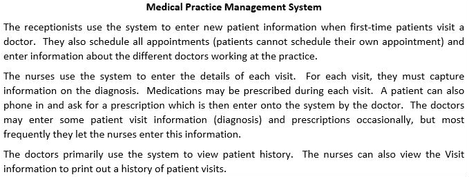 Medical Practice Management System
The receptionists use the system to enter new patient information when first-time patients visit a
doctor. They also schedule all appointments (patients cannot schedule their own appointment) and
enter information about the different doctors working at the practice.
The nurses use the system to enter the details of each visit. For each visit, they must capture
information on the diagnosis. Medications may be prescribed during each visit. A patient can also
phone in and ask for a prescription which is then enter onto the system by the doctor. The doctors
may enter some patient visit information (diagnosis) and prescriptions occasionally, but most
frequently they let the nurses enter this information.
The doctors primarily use the system to view patient history. The nurses can also view the Visit
information to print out a history of patient visits.
