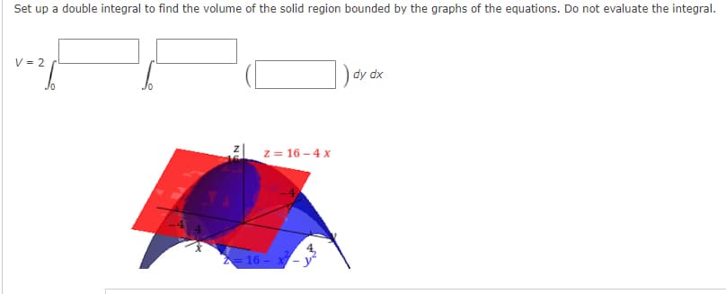 Set up a double integral to find the volume of the solid region bounded by the graphs of the equations. Do not evaluate the integral.
V = 2
dy dx
Jo
z = 16 – 4 x
2= 16 -
