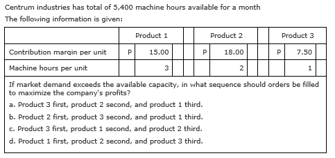 Centrum industries has total of 5,400 machine hours available for a month
The following information is given:
Product 1
Product 2
Product 3
Contribution margin per unit
P
15.00
P
18.00
P
7.50
Machine hours per unit
3
2
1
If market demand exceeds the available capacity, in what sequence should orders be filled
to maximize the company's profits?
a. Product 3 first, product 2 second, and product 1 third.
b. Product 2 first, product 3 second, and product 1 third.
c. Product 3 first, product 1 second, and product 2 third.
d. Product 1 first, product 2 second, and product 3 third.
