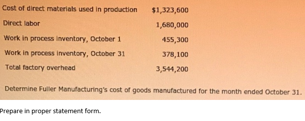Cost of direct materials used in production
$1,323,600
Direct labor
1,680,000
Work in process inventory, October 1
455,300
Work in process inventory, October 31
378,100
Total factory overhead
3,544,200
Determine Fuller Manufacturing's cost of goods manufactured for the month ended October 31.
Prepare in proper statement form.
