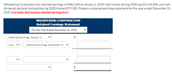 Whispering Corporation has retained earnings of $682,100 at January 1, 2020. Net income during 2020 was $1,433,300, and cash
dividends declared and paid during 2020 totaled $79,100. Prepare a retained earmnings statement for the year ended December 31,
2020. (List items that increase retained earnings first.)
WHISPERING CORPORATION
Retained Earnings Statement
For the Year Ended December 31, 2020
Retained Earnings. January 1
Less v: Retained Eanings. December 31
