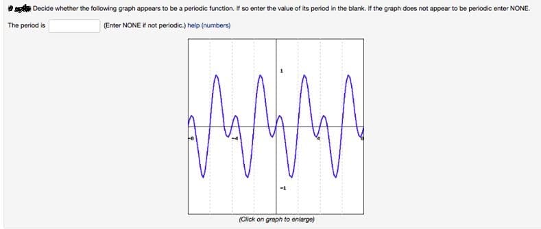 * s Decide whether the following graph appears to be a periodic function. If so enter the value of its period in the blank. If the graph does not appear to be periodic enter NONE.
The period is
(Enter NONE if not periodic.) help (numbers)
(Click on graph to enlarge)
