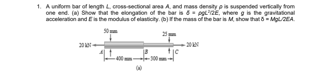 1. A uniform bar of length L, cross-sectional area A, and mass density p is suspended vertically from
one end. (a) Show that the elongation of the bar is 5 = pgL²/2E, where g is the gravitational
acceleration and E is the modulus of elasticity. (b) If the mass of the bar is M, show that d = MgL/2EA.
50 mm
20 kN-
4|↑
25 mm
fic
B
400 mm-300 mm-
-20 kN