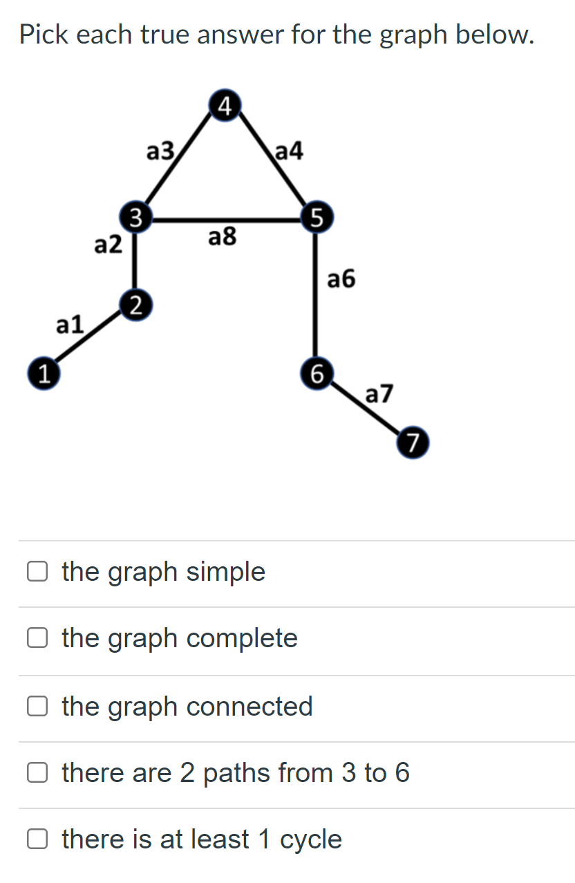 Pick each true answer for the graph below.
4
аз,
a4
3
a2
5
a8
аб
2
a1
1
6
a7
O the graph simple
O the graph complete
O the graph connected
there are 2 paths from 3 to 6
O there is at least 1 cycle

