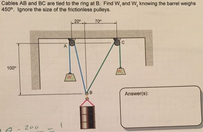 Cables AB and BC are tied to the ring at B. Find W, and W, knowing the barrel weighs
450. Ignore the size of the frictionless pulleys.
100
200
A
W.
20
B
70
C
W
Answer(s):