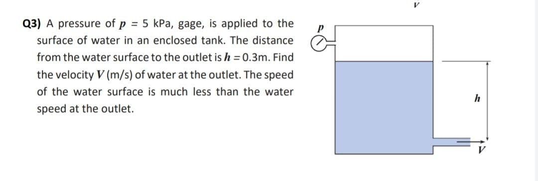 Q3) A pressure of p = 5 kPa, gage, is applied to the
surface of water in an enclosed tank. The distance
from the water surface to the outlet is h = 0.3m. Find
the velocity V (m/s) of water at the outlet. The speed
of the water surface is much less than the water
speed at the outlet.
P
h