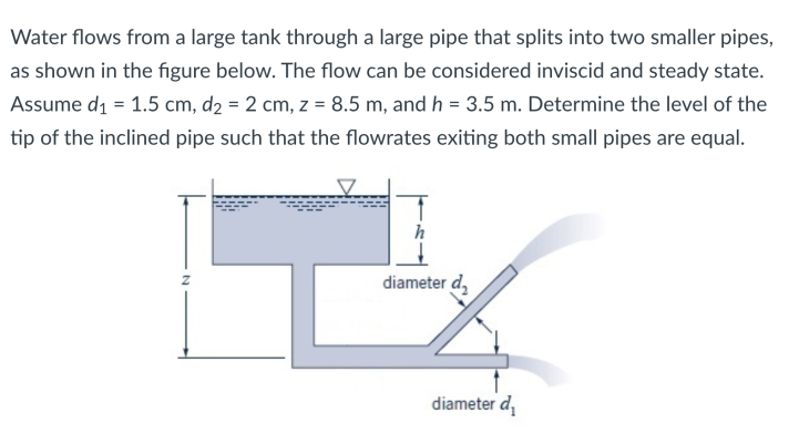 Water flows from a large tank through a large pipe that splits into two smaller pipes,
as shown in the figure below. The flow can be considered inviscid and steady state.
Assume di = 1.5 cm, d2 = 2 cm, z = 8.5 m, and h = 3.5 m. Determine the level of the
tip of the inclined pipe such that the flowrates exiting both small pipes are equal.
h
diameter d,
diameter d,
