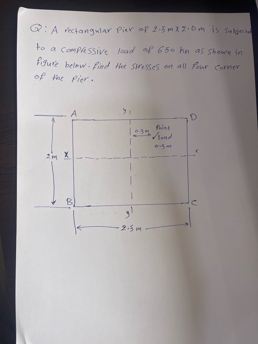 QA rectangular
Pier of 2.5 mx 2.0m is subjected
to a compressive load of 650 kn as shown in
figure below. Find the stresses on all four Corner
of the Pier.
2M
A
B)
0.3m
2.5m
Point
Load
0.5m