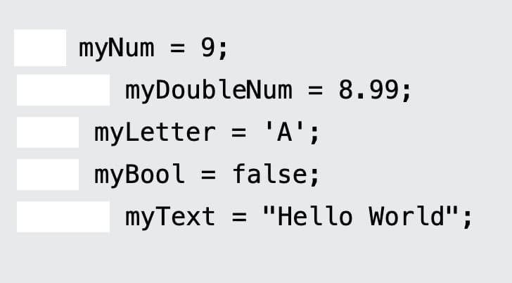 myNum
9;
myDoubleNum = 8.99;
myLetter = 'A';
myBool
false;
myText = "Hello World";
