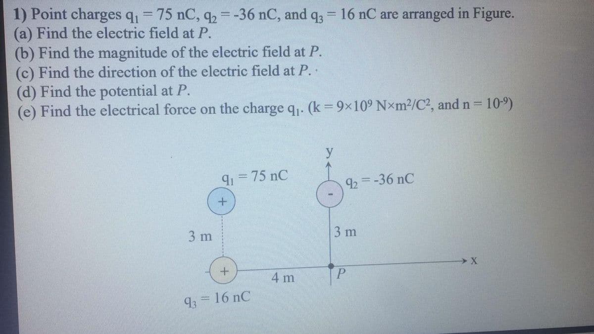 1) Point charges q = 75 nC, q,=-36 nC, and q; = 16 nC are arranged in Figure.
(a) Find the electric field at P.
(b) Find the magnitude of the electric field at P.
(c) Find the direction of the electric field at P.
(d) Find the potential at P.
(e) Find the electrical force on the charge q.. (k = 9x109 N×m²/C², and n = 10-9)
91 = 75 nC
92 =-36 nC
3 m
3 m
4 m
93 16 nC
