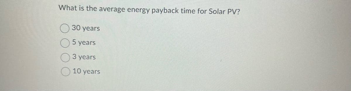 What is the average energy payback time for Solar PV?
30 years
5 years
3 years
10 years