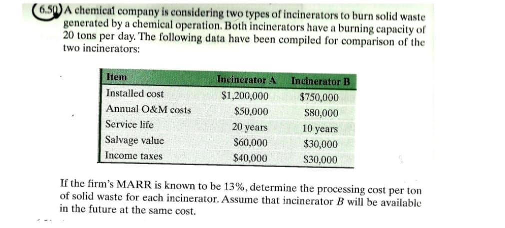 6.50)A chemical company is considering two types of incinerators to burn solid waste
generated by a chemical operation. Both incinerators have a burning capacity of
20 tons per day. The following data have been compiled for comparison of the
two incinerators:
Item
Incinerator A
Incinerator B
Installed cost
$1,200,000
$750,000
Annual O&M costs
$50,000
$80,000
Service life
20 years
10 years
Salvage value
$60,000
$30,000
Income taxes
$40,000
$30,000
If the firm's MARR is known to be 13%, determine the processing cost per ton
of solid waste for each incinerator. Assume that incinerator B will be available
in the future at the same cost.
