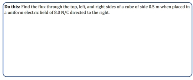 Do this: Find the flux through the top, left, and right sides of a cube of side 0.5 m when placed in
a uniform electric field of 8.0 N/C directed to the right.

