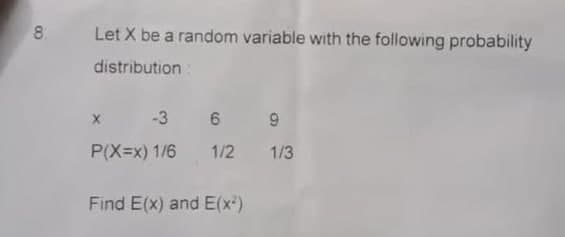 8.
Let X be a random variable with the following probability
distribution:
-3 6 9
P(X=x) 1/6
1/2
1/3
Find E(x) and E(x-)
