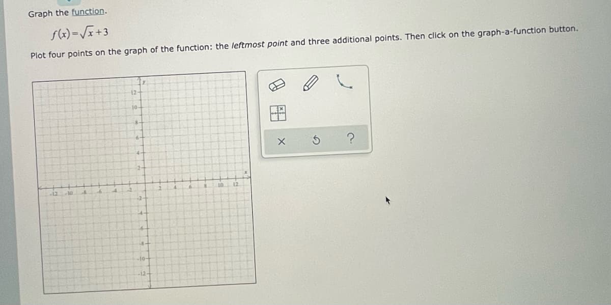 Graph the function.
Plot four points on the graph of the function: the leftmost point and three additional points. Then click on the graph-a-function button.
12-
10-
4-
12
10
12
-8-
-10-
12-
の
田
