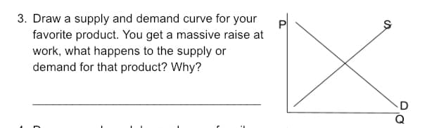 3. Draw a supply and demand curve for your
P
favorite product. You get a massive raise at
work, what happens to the supply or
demand for that product? Why?

