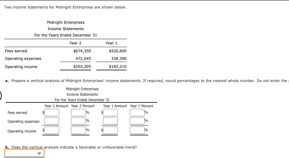 Two income statements for Midnight Enterprises are shown below.
Midnight Enterprises
Income Statements
For the Years Ended December 31
Year 2
Year 1
Fees earned
$674,350
$520,600
Operating expenses
472,045
338,390
$202,305
$182,210
Operating income
a. Prepare a vertical analysis of Midnight Enterprises' income statements. If required, round percentages to the nearest whole number. Do not enter the
Midnight Enterprises
Income Statements
For the Years Ended December 31
Year 2 Amount Year 2 Percent
Year 1 Amount Year 1 Percent
Fees earned
Operating expenses
Operating income
b. Does the vertical analysis indicate a favorable or unfavorable trend?
