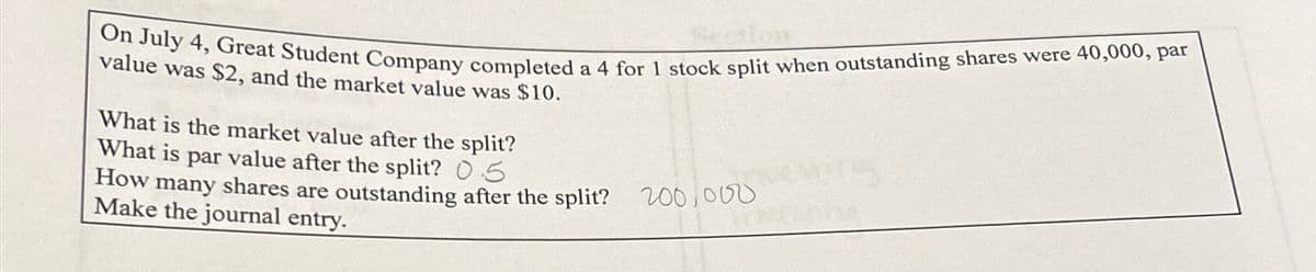 On July 4, Great Student Company completed a 4 for 1 stock split when outstanding shares were 40,000, par
value was $2, and the market value was $10.
What is the market value after the split?
What is par value after the split? 05
How many shares are outstanding after the split? 200,000
Make the journal entry.