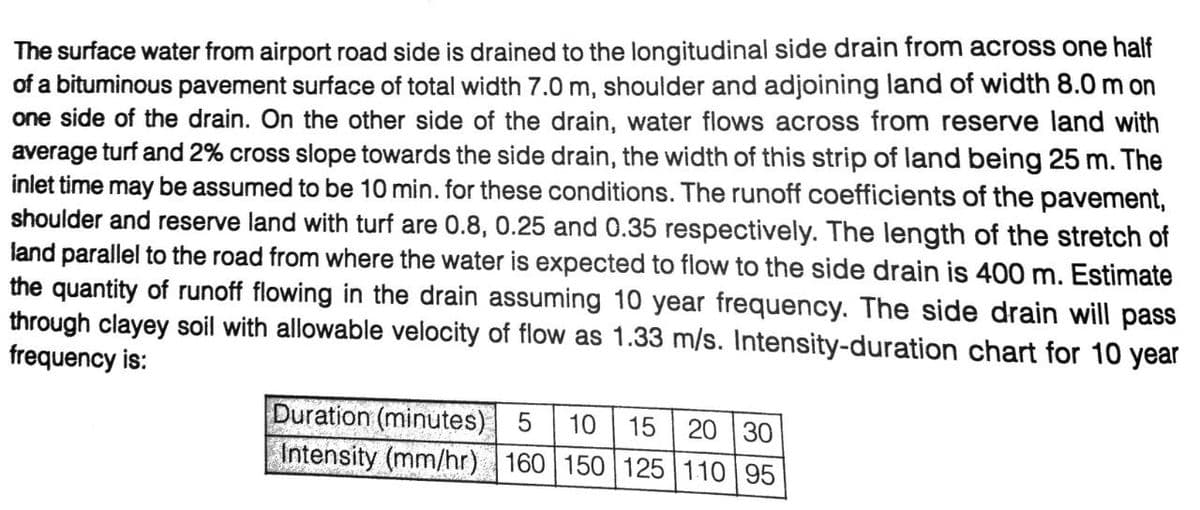 The surface water from airport road side is drained to the longitudinal side drain from across one half
of a bituminous pavement surface of total width 7.0 m, shoulder and adjoining land of width 8.0 m on
one side of the drain. On the other side of the drain, water flows across from reserve land with
average turf and 2% cross slope towards the side drain, the width of this strip of land being 25 m. The
inlet time may be assumed to be 10 min. for these conditions. The runoff coefficients of the pavement,
shoulder and reserve land with turf are 0.8, 0.25 and 0.35 respectively. The length of the stretch of
land parallel to the road from where the water is expected to flow to the side drain is 400 m. Estimate
the quantity of runoff flowing in the drain assuming 10 year frequency. The side drain will pass
through clayey soil with allowable velocity of flow as 1.33 m/s. Intensity-duration chart for 10 year
frequency is:
Duration (minutes) 5 10 15 20 30
Intensity (mm/hr) 160 150 125 110 95