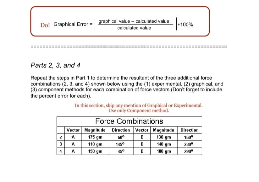 Do! Graphical Error = graphical value – calculated value
calculated value
+100%
Parts 2, 3, and 4
Repeat the steps in Part 1 to determine the resultant of the three additional force
combinations (2, 3, and 4) shown below using the (1) experimental, (2) graphical, and
(3) component methods for each combination of force vectors (Don't forget to include
the percent error for each).
In this section, skip any mention of Graphical or Experimental.
Use only Component method.
Force Combinations
Vector Magnitude Direction Vector Magnitude Direction
B 130 gm
140 gm
2
A
175 gm
60°
160°
3
A
110 gm
1450
B
230°
4
A
150 gm
45°
B
180 gm
290°
