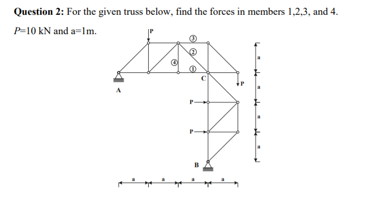 Question 2: For the given truss below, find the forces in members 1,2,3, and 4.
P=10 kN and a=lm.
a
P
B
