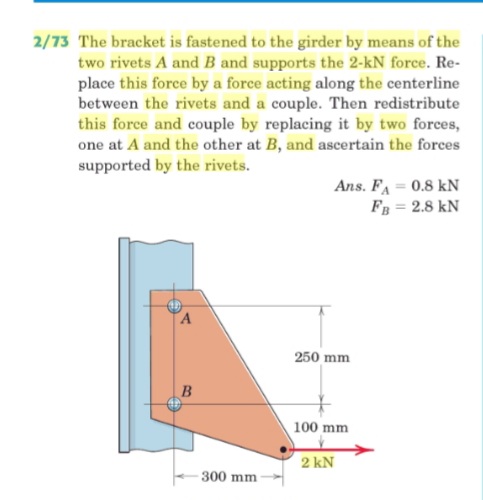 2/73 The bracket is fastened to the girder by means of the
two rivets A and B and supports the 2-kN force. Re-
place this force by a force acting along the centerline
between the rivets and a couple. Then redistribute
this force and couple by replacing it by two forces,
one at A and the other at B, and ascertain the forces
supported by the rivets.
Ans. FA = 0.8 kN
FB = 2.8 kN
250 mm
100 mm
2 kN
300 mm
