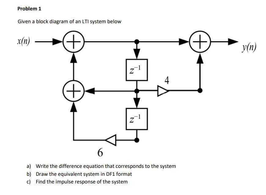 Problem 1
Given a block diagram of an LTI system below
x(n)
+)
y(n)
-1
4
6.
a) Write the difference equation that corresponds to the system
b) Draw the equivalent system in DF1 format
c) Find the impulse response of the system

