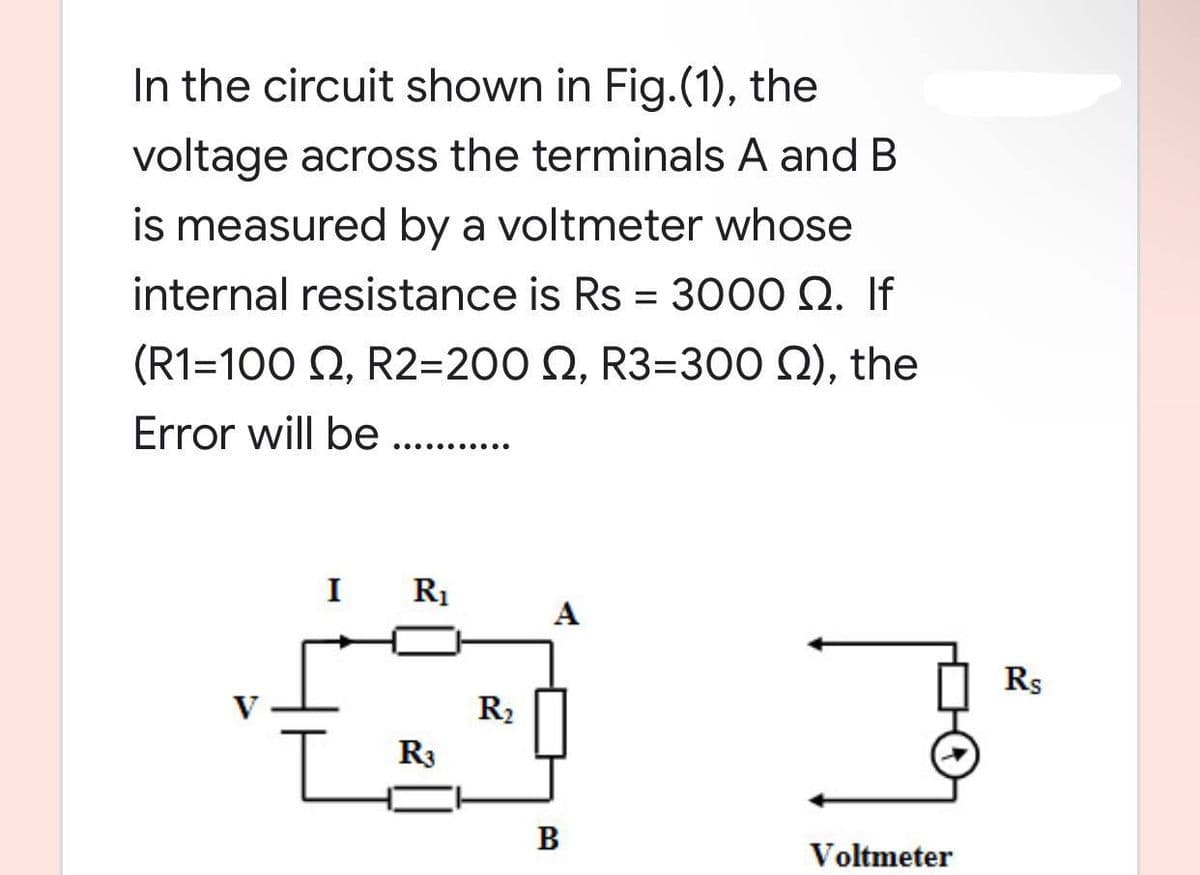 In the circuit shown in Fig.(1), the
voltage across the terminals A and B
is measured by a voltmeter whose
internal resistance is Rs = 3000 Q. If
(R1-100 2, R2=200 2, R3-300 ), the
Error will be
..........
I
R₁
R3
R₂
A
B
po
Voltmeter
RS