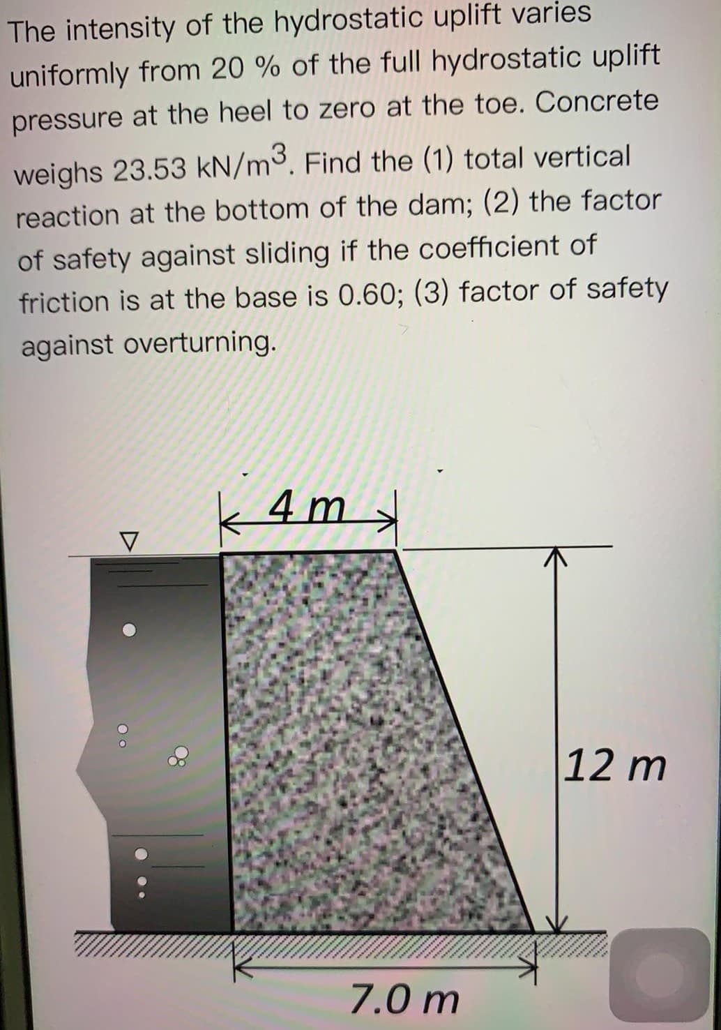 The intensity of the hydrostatic uplift varies
uniformly from 20 % of the full hydrostatic uplift
pressure at the heel to zero at the toe. Concrete
weighs 23.53 kN/m³. Find the (1) total vertical
reaction at the bottom of the dam; (2) the factor
of safety against sliding if the coefficient of
friction is at the base is 0.60; (3) factor of safety
against overturning.
4 m
12 m
7.0 m
