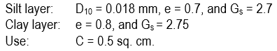 D10 = 0.018 mm, e = 0.7, and Gs = 2.7
Silt layer:
Clay layer: e= 0.8, and Gs = 2.75
Use:
C = 0.5 sq. cm.
