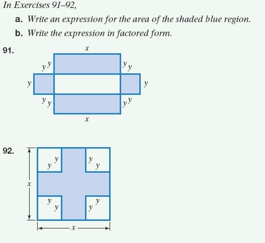 In Exercises 91-92,
a. Write an expression for the area of the shaded blue region.
b. Write the expression in factored form.
91.
yy
y
y
Yy
92.
y
y
y
y
y
y
y
y
