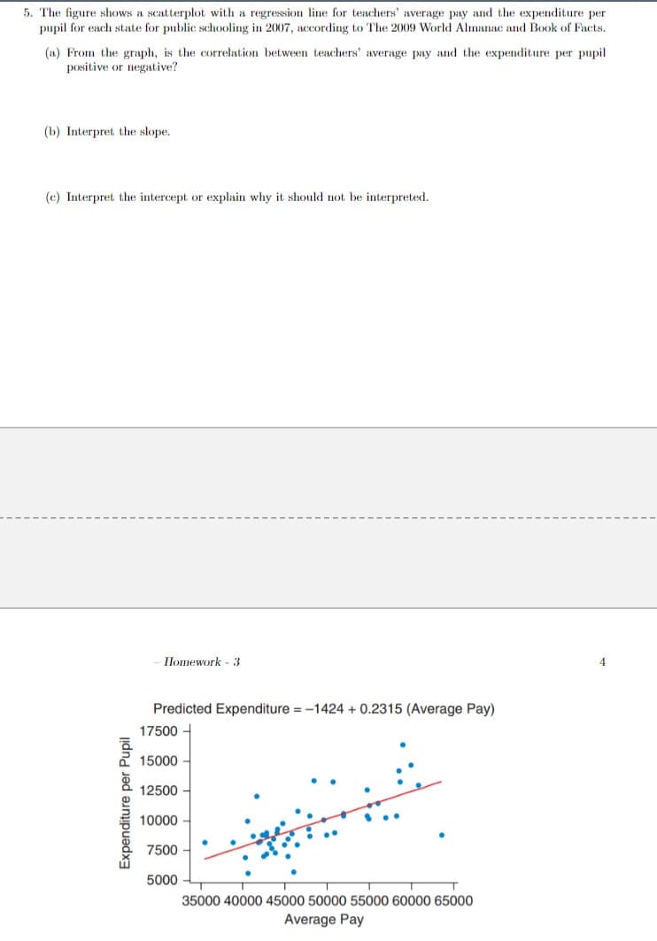 5. The figure shows a scatterplot with a regression line for teachers' average pay and the expenditure per
pupil for each state for public schooling in 2007, according to The 2009 World Almanac and Book of Facts.
(a) From the graph, is the correlation between teachers' average pay and the expenditure per pupil
positive or negative?
(b) Interpret the slope.
(c) Interpret the intercept or explain why it should not be interpreted.
Ilomework - 3
Predicted Expenditure = -1424 + 0.2315 (Average Pay)
17500 -
15000
12500
10000
7500
5000
35000 40000 45000 50000 55000 60000 65000
Average Pay
Expenditure per Pupil
