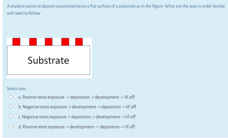 A student wants to deposit nanomaterial on a flat surface of a substrate as in the figure. What are the step in order he/she
will need to follow
Substrate
Select one:
a. Positive resist exposure -> deposition -> development -> Ilif-off
b. Negative resist exposure -> development -> deposition -> lif-off
c. Negative resist exposure -> deposition -> development -> lif-off
O d. Positive resist exposure -> development -> deposition -> lif-off.
