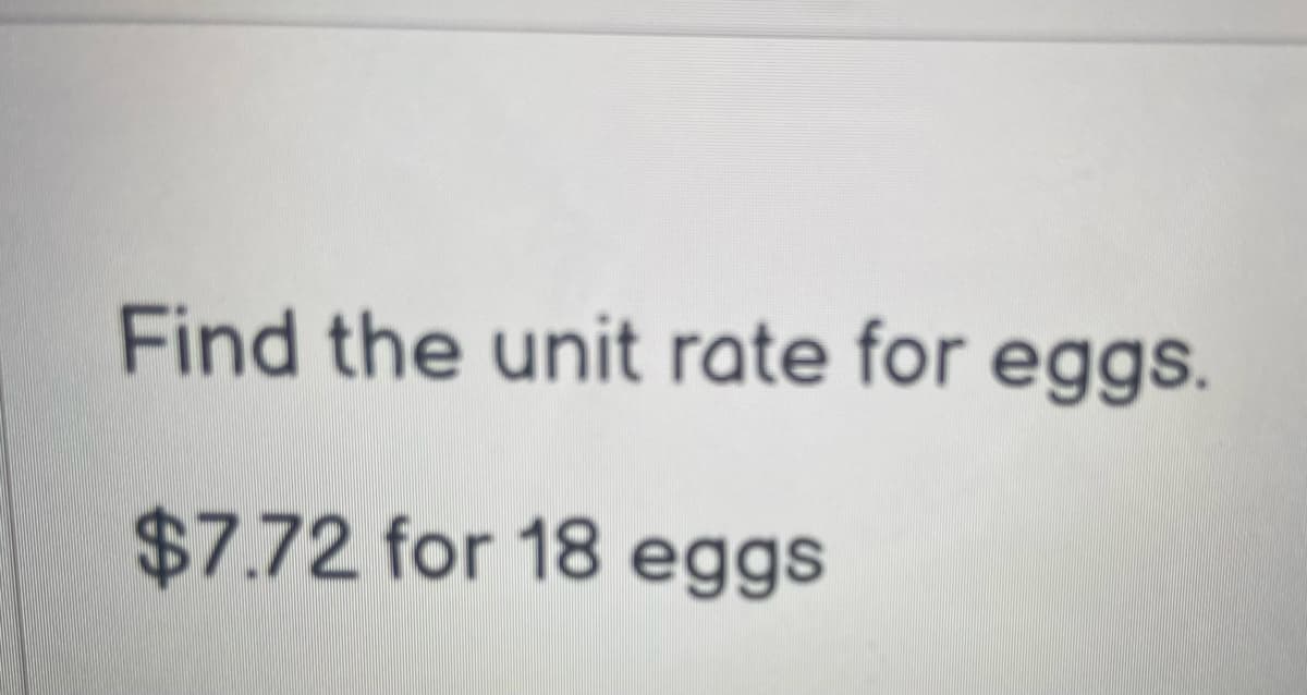 Find the unit rate for eggs.
$7.72 for 18 eggs