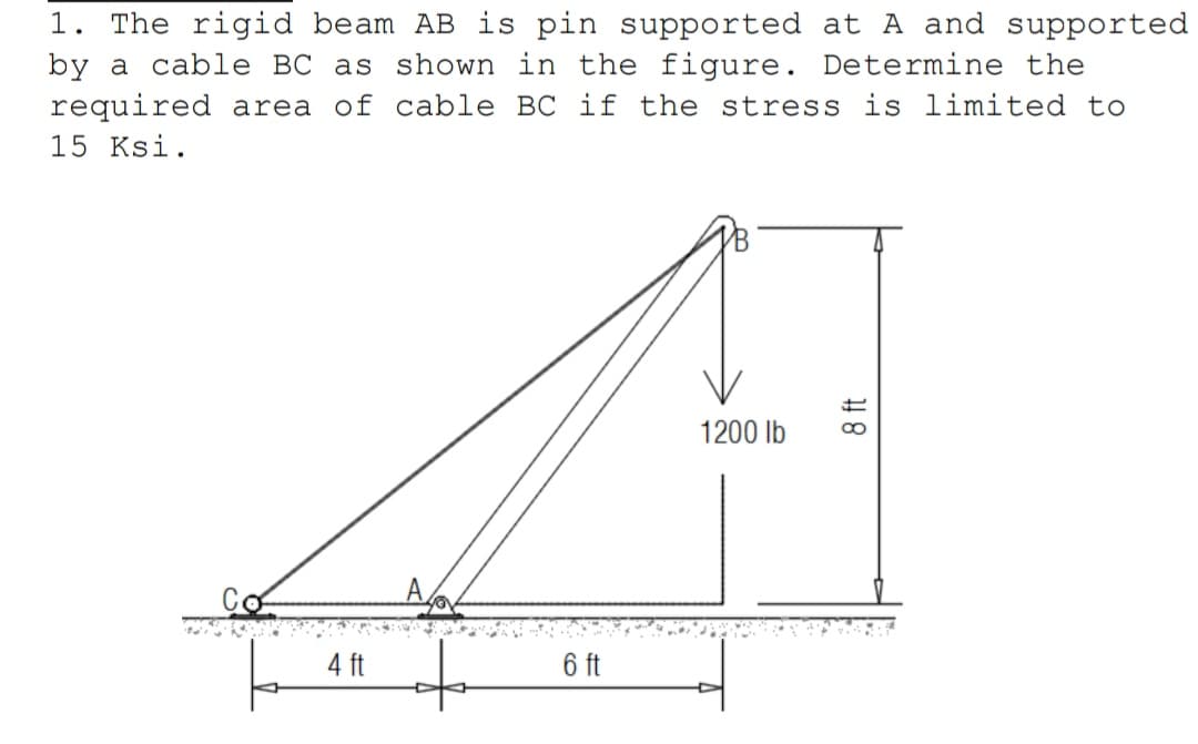 1. The rigid beam AB is pin supported at A and supported
by a cable BC as shown in the figure. Determine the
required area of cable BC if the stress is limited to
15 Ksi.
1200 lb
4o
4 ft
6 ft
8 ft
