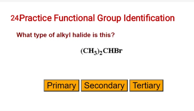 24Practice Functional Group Identification
What type of alkyl halide is this?
(CH3),CHB"
Primary Secondary Tertiary
