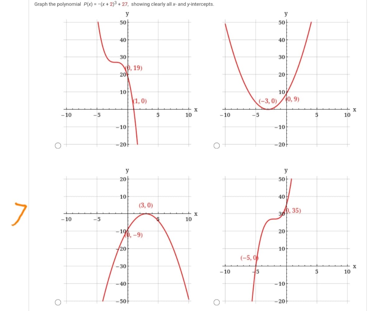 Graph the polynomial P(x) = -(x + 2)3 + 27, showing clearly all x- and y-intercepts.
y
y
50|
50
40
40
30
30
P, 19)
20
20
10
10
(1, 0)
(-3, 0)
(0, 9)
- 10
-5
10
- 10
-5
5
10
-10
-10
-20|
-20-
y
y
20-
50-
10
40
(3, 0)
0, 35)
X
30
- 10
-5
10
10
(0, -9)
20
20
10
(-5, 0
-30
-10
5
10
-40
-10
-50|
-20
