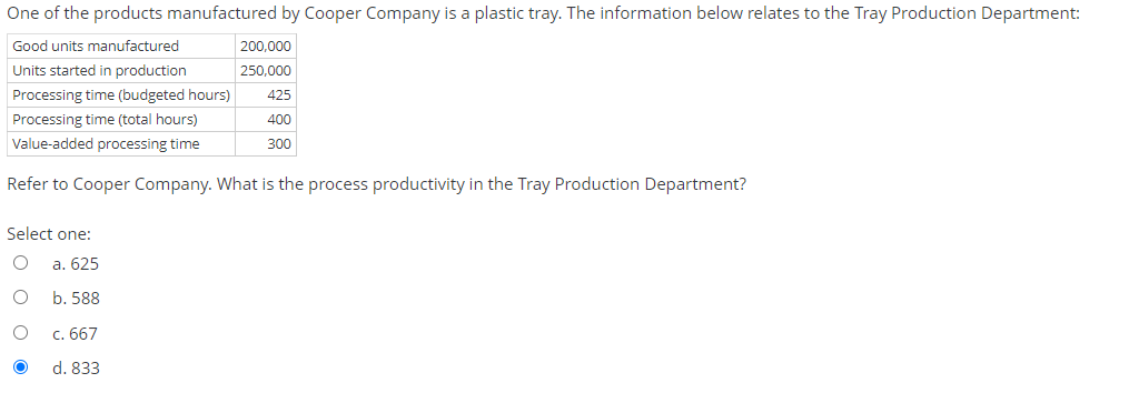 One of the products manufactured by Cooper Company is a plastic tray. The information below relates to the Tray Production Department:
Good units manufactured
200,000
Units started in production
250,000
Processing time (budgeted hours)
425
Processing time (total hours)
400
Value-added processing time
300
Refer to Cooper Company. What is the process productivity in the Tray Production Department?
Select one:
a. 625
b. 588
c. 667
d. 833
