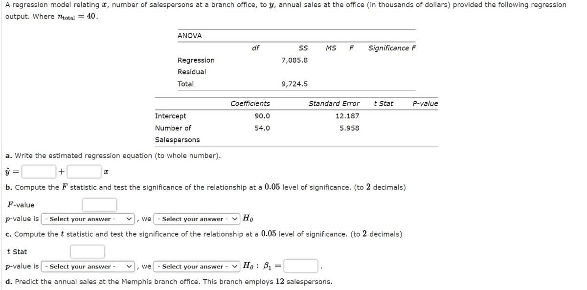 A regression model relating x, number of salespersons at a branch office, to y, annual sales at the office (in thousands of dollars) provided the following regression
output. Where ntotal = 40.
ANOVA
df
MS
F
Significance F
Regression
7,085.8
Residual
Total
9,724.5
Coefficients
Standard Error
t Stat
P-value
Intercept
90.0
12.187
Number of
54.0
5.958
Salespersons
a. Write the estimated regression equation (to whole number).
y =
b. Compute the F statistic and test the significance of the relationship at a 0.05 level of significance. (to 2 decimals)
F-value
p-value is
Select your answer
we
Select your answer
v Ho
c. Compute the t statistic and test the significance of the relationship at a 0.05 level of significance. (to 2 decimals)
t Stat
p-value is
- Select your answer -
, we
- Select your answer
v Ho : B1
d. Predict the annual sales at the Memphis branch office. This branch employs 12 salespersons.
