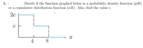1.
Decide if the function graphed below is a probability density function (pdf)
or a cumulative distribution function (cdf). Also, find the value e.
2c
4
8.
