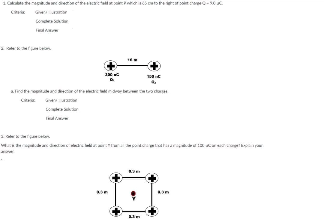 1. Calculate the magnitude and direction of the electric field at point P which is 65 cm to the right of point charge Q = 9.0 µC.
Criteria:
Given/ Illustration
Complete Solution,
Final Answer
2. Refer to the figure below.
16 m
300 nC
150 nC
Q1
a. Find the magnitude and direction of the electric field midway between the two charges.
Criteria:
Given/ Illustration
Complete Solution
Final Answer
3. Refer to the figure below.
What is the magnitude and direction of electric field at point Y from all the point charge that has a magnitude of 100 µC on each charge? Explain your
answer.
0.3 m
0.3 m
0.3 m
0.3 m
