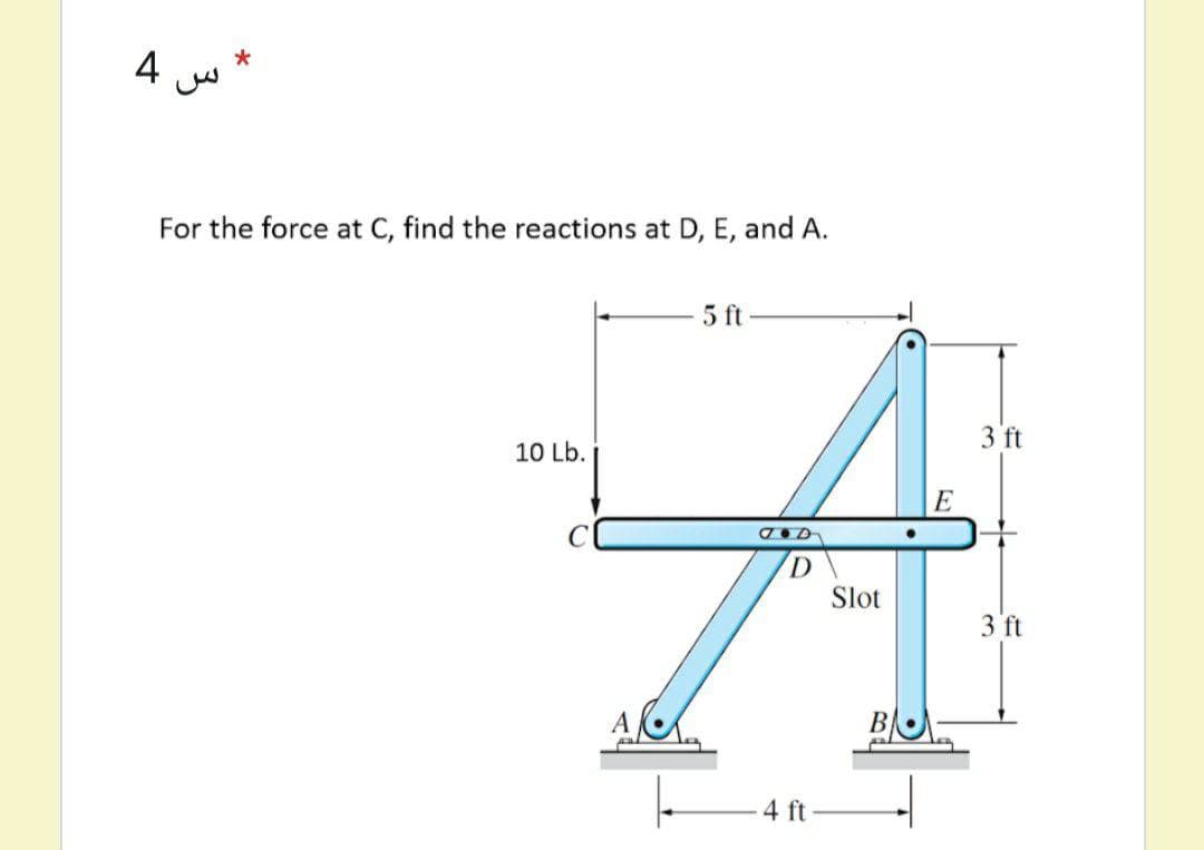 4
For the force at C, find the reactions at D, E, and A.
5 ft
3 ft
10 Lb.
E
Slot
3 ft
4 ft
