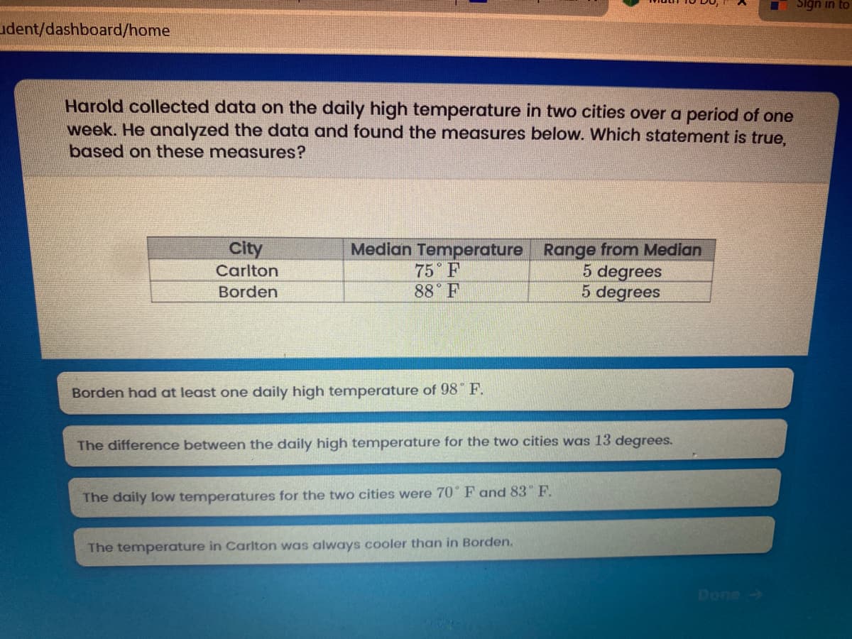 Siğn in to
udent/dashboard/home
Harold collected data on the daily high temperature in two cities over a period of one
week. He analyzed the data and found the measures below. Which statement is true,
based on these measures?
City
Median Temperature Range from Median
5 degrees
5 degrees
75 F
88° F
Carlton
Borden
Borden had at least one daily high temperature of 98 F.
The difference between the daily high temperature for the two cities was 13 degrees.
The daily low temperatures for the two cities were 70° F and 83 F.
The temperature in Carlton was always cooler than in Borden.
Done
