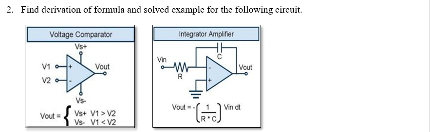 2. Find derivation of formula and solved example for the following circuit.
Voltage Comparator
Integrator Amplifier
Vs+
C
Vin
V1
Vout
Vout
R
V2
Vs-
Vout = -
Vin dt
Vout =
Vs+ V1 > V2
C.
Vs- V1 < V2
