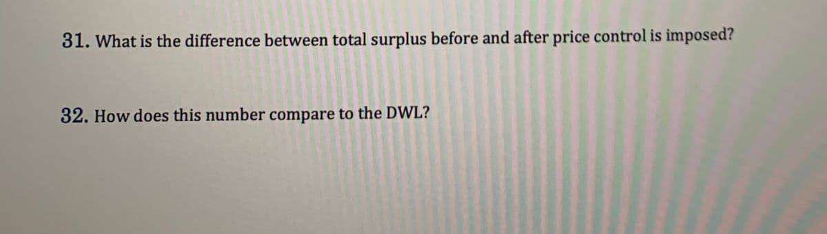 31. What is the difference between total surplus before and after price control is imposed?
32. How does this number compare to the DWL?
