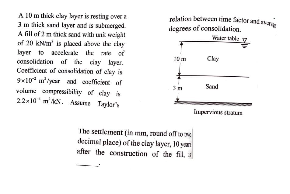 relation between time factor and average
A 10 m thick clay layer is resting over a
3 m thick sand layer and is submerged.
A fill of 2 m thick sand with unit weight
of 20 kN/m³ is placed above the clay
rate of
degrees of consolidation.
Water table
accelerate the
layer to
consolidation of the clay layer.
Coefficient of consolidation of clay is
10 m
Clay
9x10- m²/year and coefficient of
volume compressibility of clay is
2.2x104 m²/kN. Assume Taylor's
Sand
3 m
Impervious stratum
The settlement (in mm, round off to two
decimal place) of the clay layer, 10 years
after the construction of the fill, is
