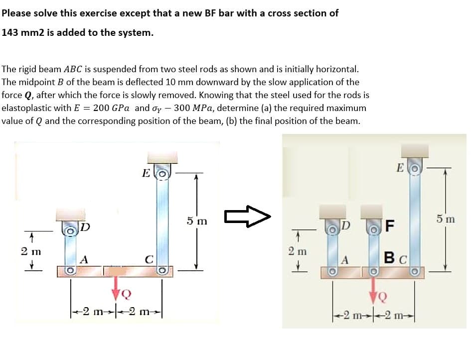 Please solve this exercise except that a new BF bar with a cross section of
143 mm2 is added to the system.
The rigid beam ABC is suspended from two steel rods as shown and is initially horizontal.
The midpoint B of the beam is deflected 10 mm downward by the slow application of the
force Q, after which the force is slowly removed. Knowing that the steel used for the rods is
elastoplastic with E = 200 GPa and oy - 300 MPa, determine (a) the required maximum
value of Q and the corresponding position of the beam, (b) the final position of the beam.
E
E
5 m
5 m
D
IF
2 m
2 m
A
Bc
A
C
|-2 m--2 m-
-2 m--2 m-
l0
