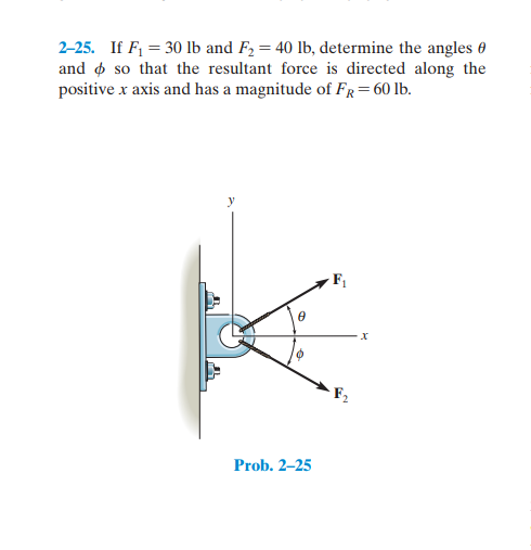 2-25. If F = 30 lb and F2 = 40 lb, determine the angles 0
and o so that the resultant force is directed along the
positive x axis and has a magnitude of FR=60 lb.
Prob. 2-25

